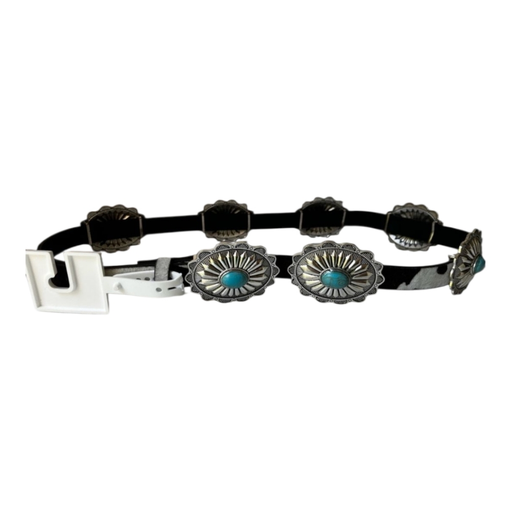 Haute Hippie Cow Print Silver and Turquoise Chain Concho Belt New - Picture 3 of 8
